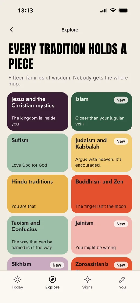 Gospel of You Explore screen: every tradition holds a piece, with cards for fifteen families of wisdom