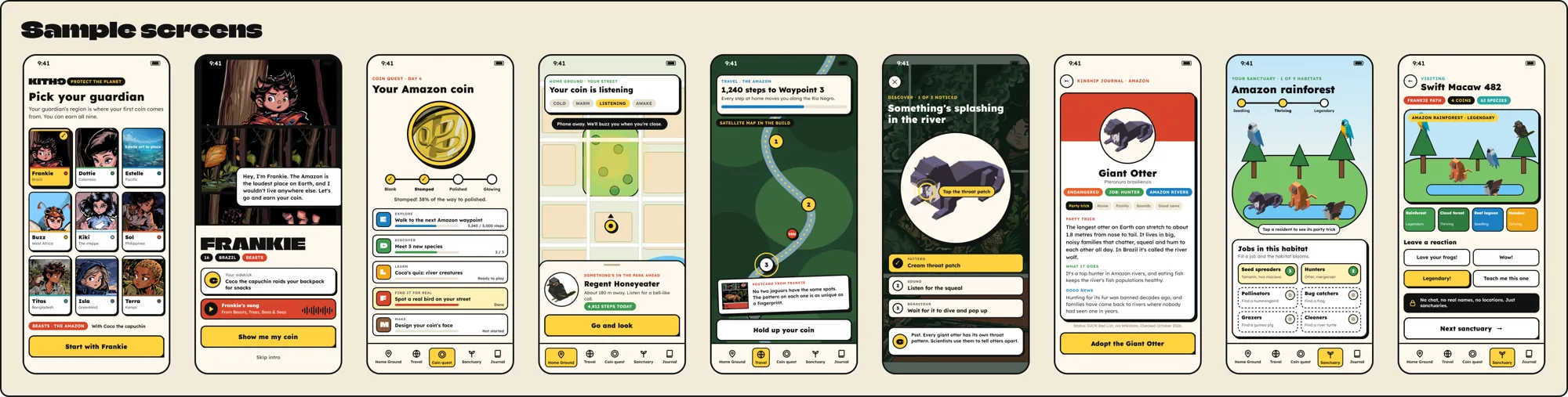 Sample screens from the Kith9 game concept